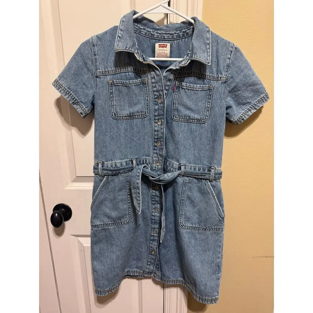 Levi's Big Girls Utility Buttoned Denim Dress Organic Belt Waist XL (13-15 yrs)